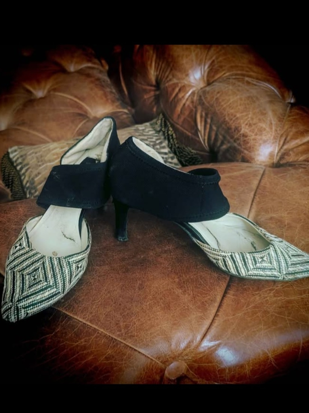 Black and Cream Patterned Pointed Toe Heels - Women